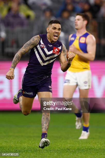 Michael Walters of the Dockers celebrates a goal during the round 22 AFL match between the Fremantle Dockers and the West Coast Eagles at Optus...