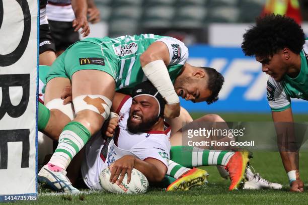 Jay Fonokalafi of North Harbour scores a try during the round two Bunnings NPC match between North Harbour and Manawatu at North Harbour Stadium, on...