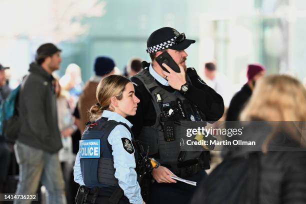 Officers to talk witnesses at Canberra Airport on August 14, 2022 in Canberra, Australia. Police reported a man entered the main Canberra Airport...