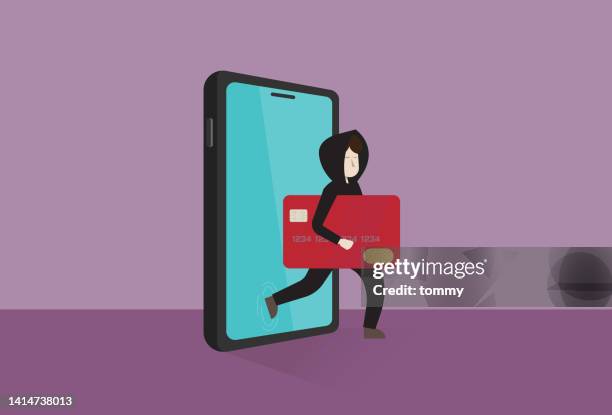 stockillustraties, clipart, cartoons en iconen met hacker steals credit card data on a mobile phone - witteboordencriminaliteit