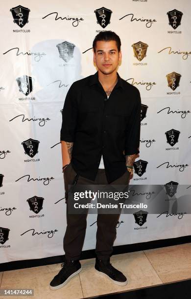 Rob Kardashian arrives at Rob Kardashian's birthday celebration at 1 Oak on March 16, 2012 in Las Vegas, Nevada.