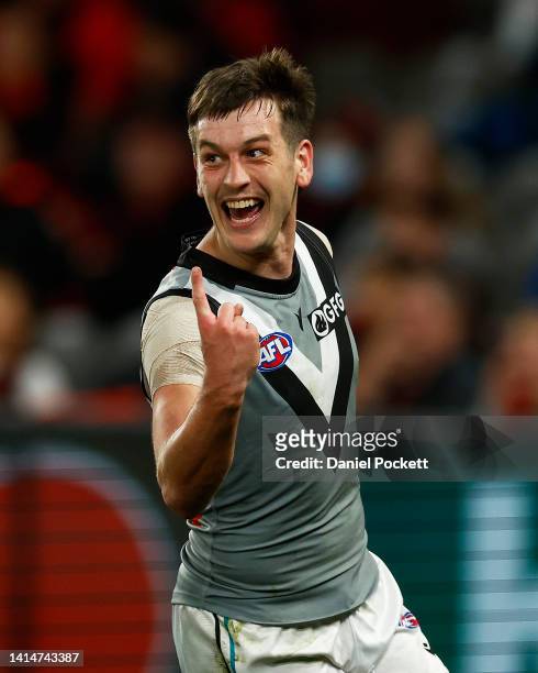 Zak Butters of the Power celebrates kicking a goal during the round 22 AFL match between the Essendon Bombers and the Port Adelaide Power at Marvel...