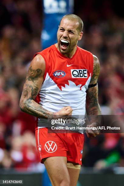 Lance Franklin of the Swans celebrates kicking a goal during the round 22 AFL match between the Sydney Swans and the Collingwood Magpies at Sydney...