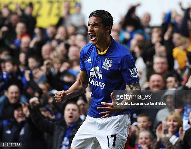 Tim Cahill of Everton celebrates the equalising goal during the FA Cup Sixth Round match sponsored by Budweiser between Everton and Sunderland at...