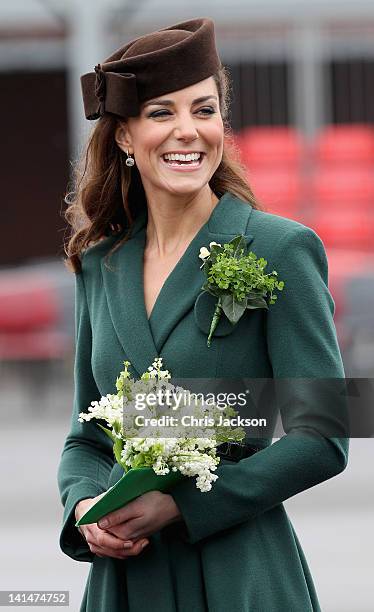 Catherine, Duchess of Cambridge takes part in a St Patrick's Day parade as she visits Aldershot Barracks on St Patrick's Day on March 17, 2012 in...