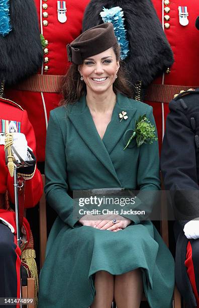 Catherine, Duchess of Cambridge poses for an official photograph she visits Aldershot Barracks on St Patrick's Day on March 17, 2012 in Aldershot,...