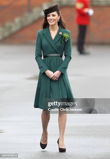 Catherine, Duchess of Cambridge takes part in a St Patrick's Day parade as she visits Aldershot Barracks on St Patrick's Day on March 17, 2012 in...