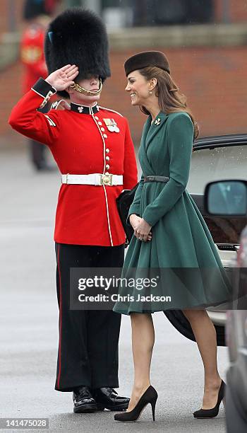 Catherine, Duchess of Cambridge takes part in a St Patrick's Day parade as she visits Aldershot Barracks on St Patrick's Day on March 17, 2012 in...