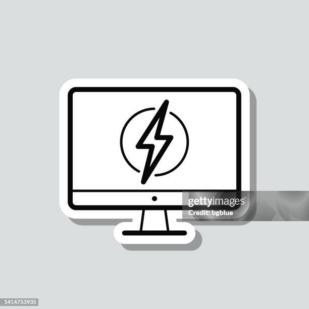 desktop computer with electricity symbol. icon sticker on gray background - shocked computer stock illustrations