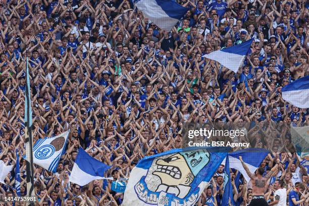 Fans of Schalke 04 during the German Bundesliga match between Schalke 04 and Borussia Monchengladbach at Veltins Arena on August 13, 2022 in...