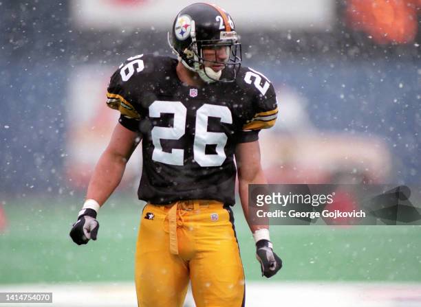 Cornerback Rod Woodson of the Pittsburgh Steelers looks on from the field during a game against the San Diego Chargers as snow falls at Three Rivers...