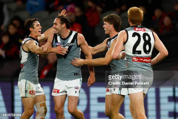 Jeremy Finlayson of the Power celebrates kicking a goal during the round 22 AFL match between the Essendon Bombers and the Port Adelaide Power at...