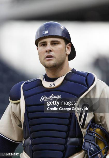 Ramon Hernandez of the San Diego Padres looks on from the field during a Major League Baseball game against the Pittsburgh Pirates at PNC Park on May...