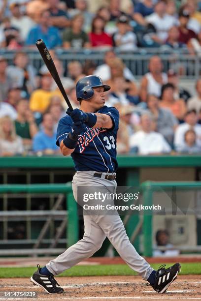 Sean Burroughs of the San Diego Padres bats against the Pittsburgh Pirates during a Major League Baseball game at PNC Park on July 30, 2003 in...