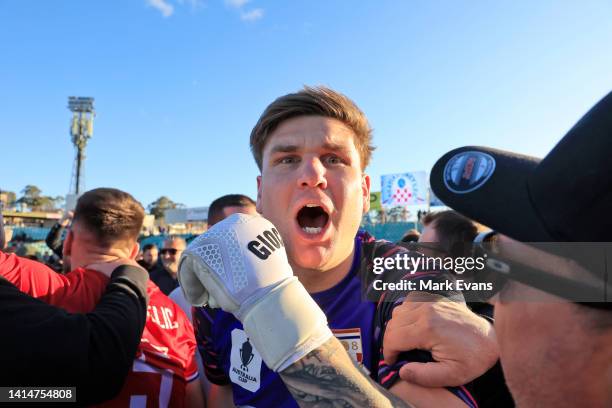 Goalkeeper Danijel Nizic of Sydney United 58 celebrates their win after the Australia Cup Rd of 16 match between Sydney United 58 FC and Western...