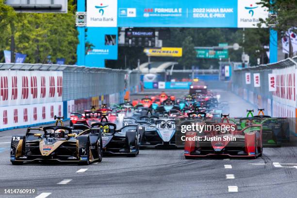 Formula E racers drive the final race during the Hana Bank Seoul E-Prix on August 14, 2022 in Seoul, South Korea.