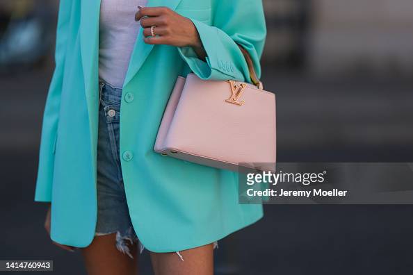 Mandy Bork seen wearing Louis Vuitton Capucines BB rose leather