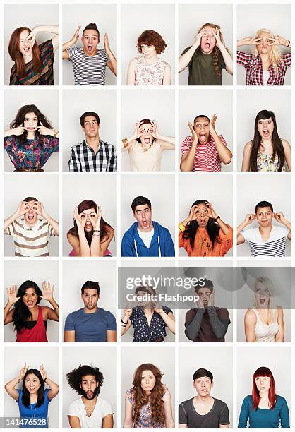 group of people pulling funny faces - different emotions stockfoto's en -beelden