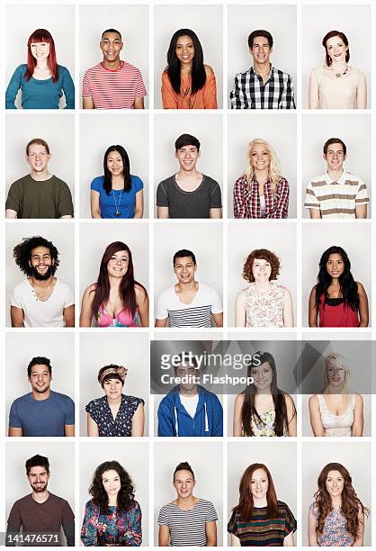 group portrait of young men and women - fotomontaggio foto e immagini stock