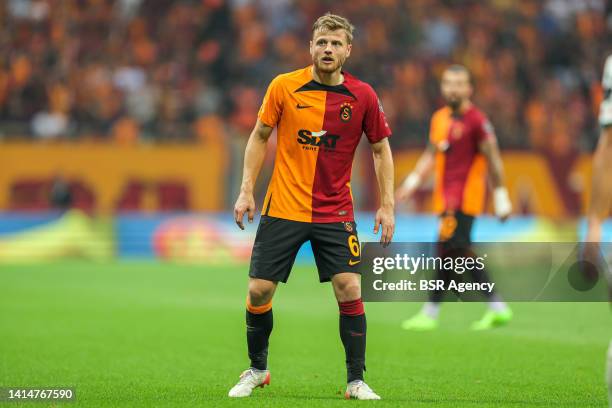 Fredrik Midtsjo of Galatasaray SK during the Turkish Super Lig match between Galatasaray SK and Giresunspor at Nef Stadyumu on August 13, 2022 in...