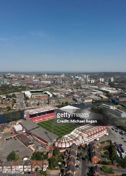 An aerial view of the City Ground is seen ahead of the Premier League match between Nottingham Forest and West Ham United at City Ground on August...