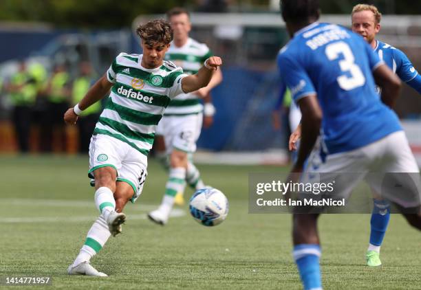 Joao Pedro Neves Filipe of Celtic scores his team's second goal during the Cinch Scottish Premiership match between Kilmarnock FC and Celtic FC at on...