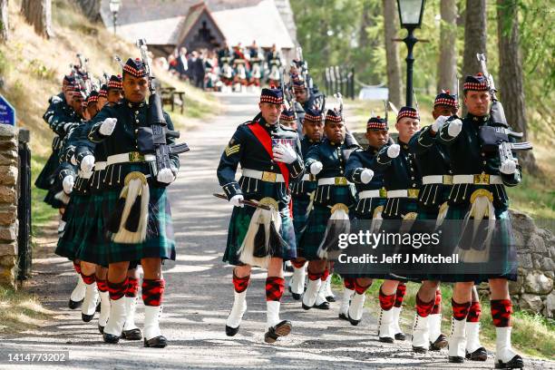 Balaklava Company, 5 Battalion The Royal Regiment of Scotland form a guard of honour at Crathie Kirk Church on August 14, 2022 in Crathie,...