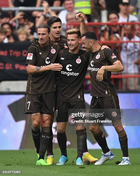 Johannes Eggestein of St.Pauli celebrates scoring his teams second goal during the Second Bundesliga match between FC St. Pauli and 1. FC Magdeburg...