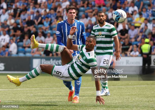 Moritz Jenz of Celtic scores his team's third goal during the Cinch Scottish Premiership match between Kilmarnock FC and Celtic FC at on August 14,...