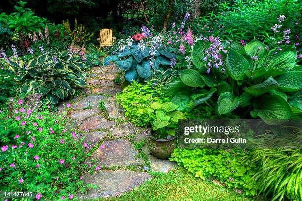 garden and path, yellow chair, colors of summer - sammamish trail stock pictures, royalty-free photos & images