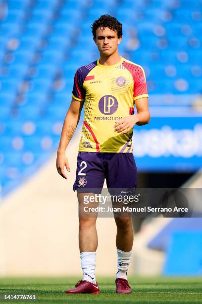Rasmus Nicolaisen of Toulouse Football Club warms up during the Friendly Match between Real Sociedad and Toulouse Football Club at Reale Arena on...
