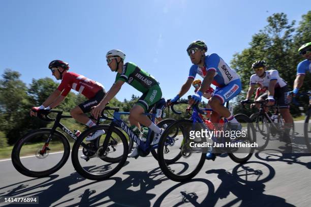 Mikkel Bjerg of Denmark, Rory Townsend of United Kingdom and Adam Toupalik of Czech Republic compete during the 28th UEC Road Cycling European...