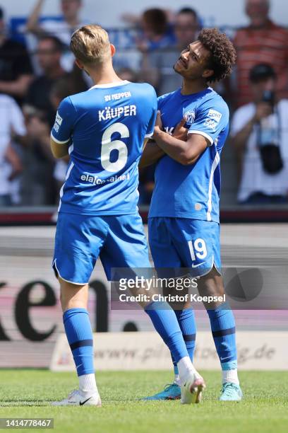 Samuel Abifade of Meppen celebrates after scoring his team's fourth goal with Ole Kaeuper of Meppen during the 3. Liga match between SV Meppen and SV...