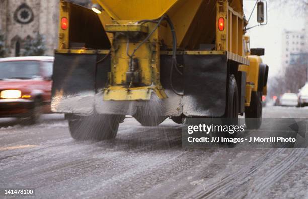 city salt truck - road salt stock-fotos und bilder