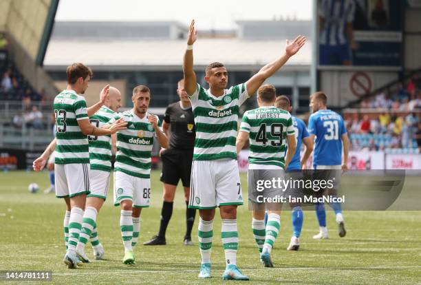 Giorgos giakoumakis of Celtic celebrates after he scores his team's fifth goal during the Cinch Scottish Premiership match between Kilmarnock FC and...