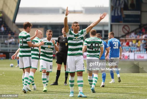 Giorgos giakoumakis of Celtic celebrates after he scores his team's fifth goal during the Cinch Scottish Premiership match between Kilmarnock FC and...