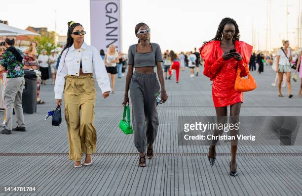 Guests seen outside Ganni during Copenhagen Fashion Week Spring/Summer 2023 on August 11, 2022 in Copenhagen, Denmark.