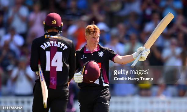 James Rew of Somerset celebrates their century during the Royal London One Day Cup match between Somerset and Middlesex at The Cooper Associates...