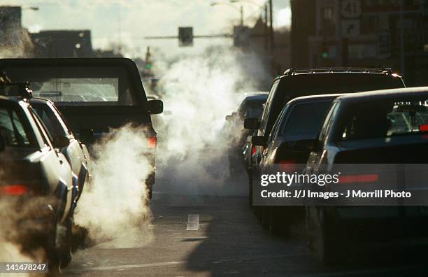 morning traffic in winter - fumes stock-fotos und bilder