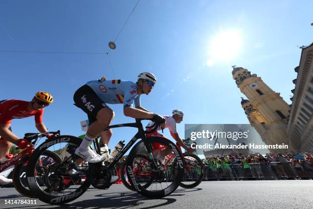 Rune Herregodts of Belgium competes in the Men's Road Race competition, by the Theatiner Church on day 4 of the European Championships Munich 2022 on...