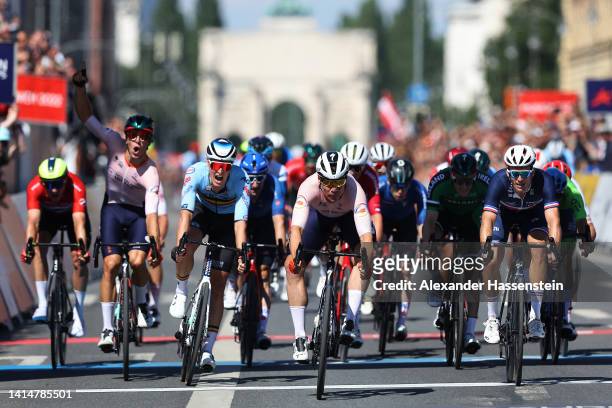 Fabio Jakobsen of Netherlands crosses the finish line to win Gold in the Men's Road Race competition on day 4 of the European Championships Munich...