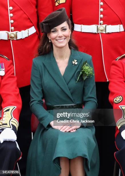 Catherine, Duchess of Cambridge poses for an official photograph she visits Aldershot Barracks on St Patrick's Day on March 17, 2012 in Aldershot,...