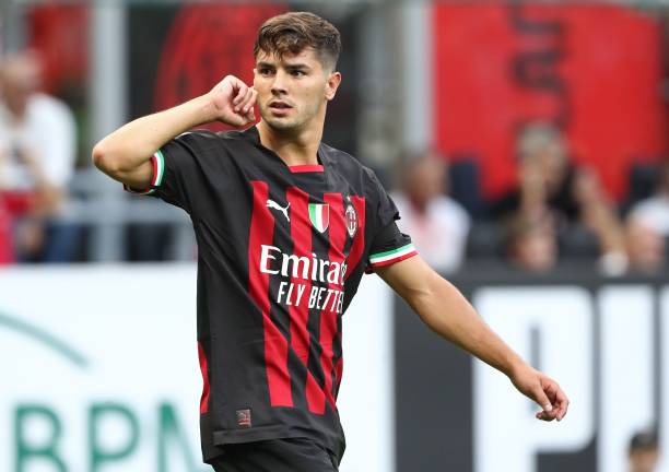Brahim Diaz of AC Milan celebrates his goal during the Serie A match between AC MIlan and Udinese Calcio at Stadio Giuseppe Meazza on August 13, 2022...