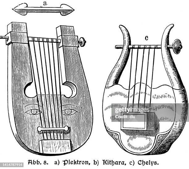 ancient greece music instruments: plectrum, kithara and chelys - zither stock illustrations