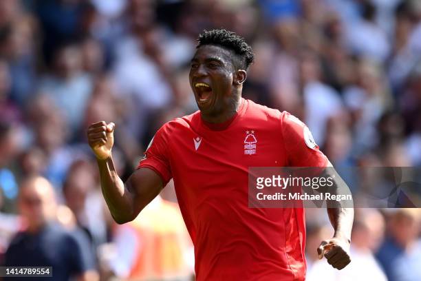 Taiwo Awoniyi of Nottingham Forest celebrates after scoring their sides first goal during the Premier League match between Nottingham Forest and West...