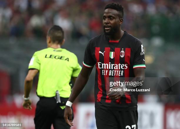 Divock Origi of AC Milan looks on during the Serie A match between AC MIlan and Udinese Calcio at Stadio Giuseppe Meazza on August 13, 2022 in Milan,...