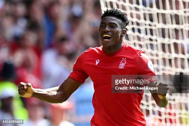 Taiwo Awoniyi of Nottingham Forest celebrates after scoring their sides first goal during the Premier League match between Nottingham Forest and West...