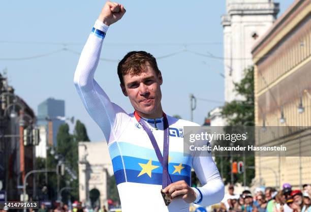 Gold medalist, Fabio Jakobsen of the Netherlands celebrates on the podium after winning the Men's Road Race during the cycling road competition on...