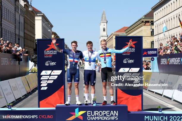 Gold medalist, Fabio Jakobsen of the Netherlands, silver medalist, Arnaud Demare of France and bronze medalist, Tim Merlier of Belgium celebrate on...