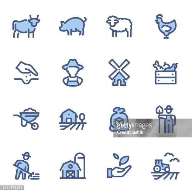 ilustraciones, imágenes clip art, dibujos animados e iconos de stock de agricultura - iconos de línea azul pixel perfect - granja ecológica